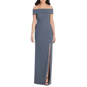 Dessy Collection Off the Shoulder Crepe Column Gown Silverstone Size 16 NWT $262